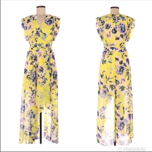ELIZA J Yellow Floral Chiffon Maxi Dress‎ Sleeveless High Low V-Neck Size 4 New - Picture 1 of 13